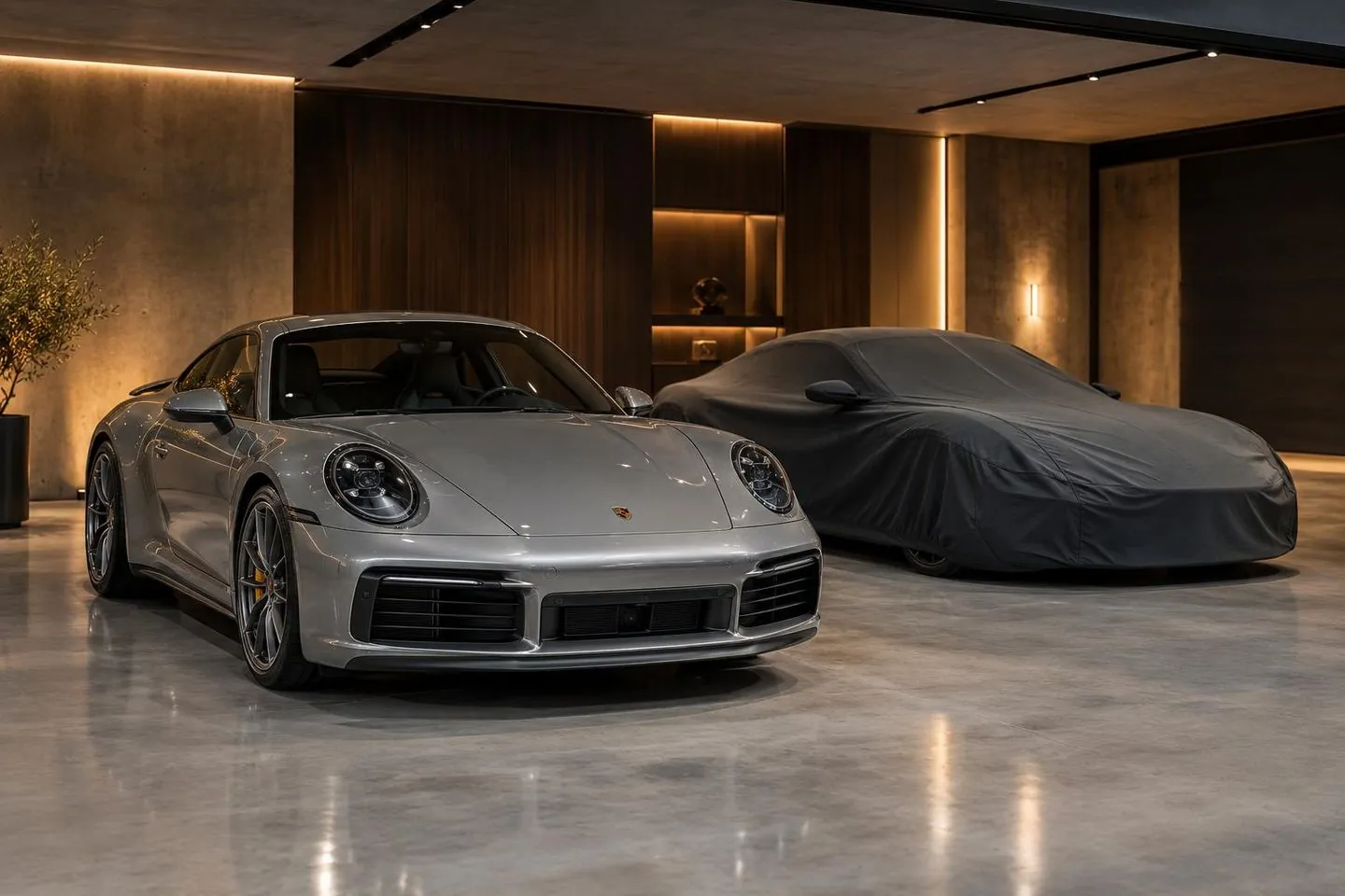A silver sports car beside a car under a fitted cover, in a quiet, warmly lit private garage
